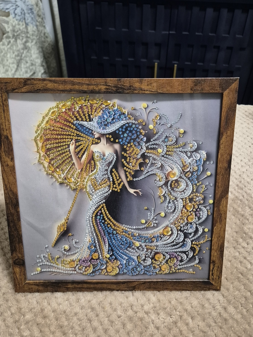 Framed Bejeweled Lady with Parasol Wall Art - Blue & Gold